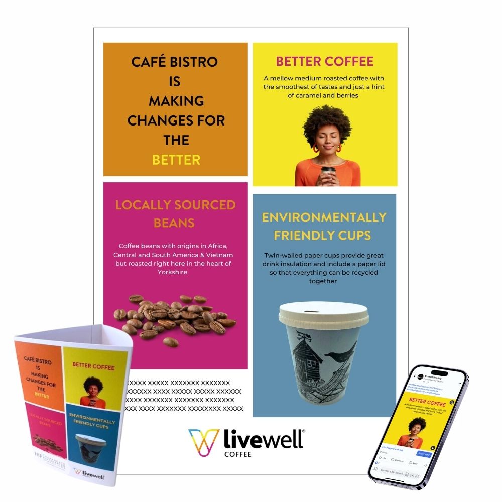 Livewell Coffee poster, table talker and social post